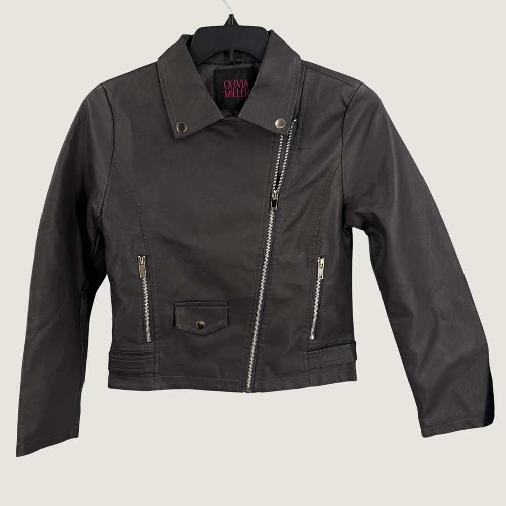 Olivia Miller Faux Leather Moto Jacket Women's Small Gray Black Biker Zip New
